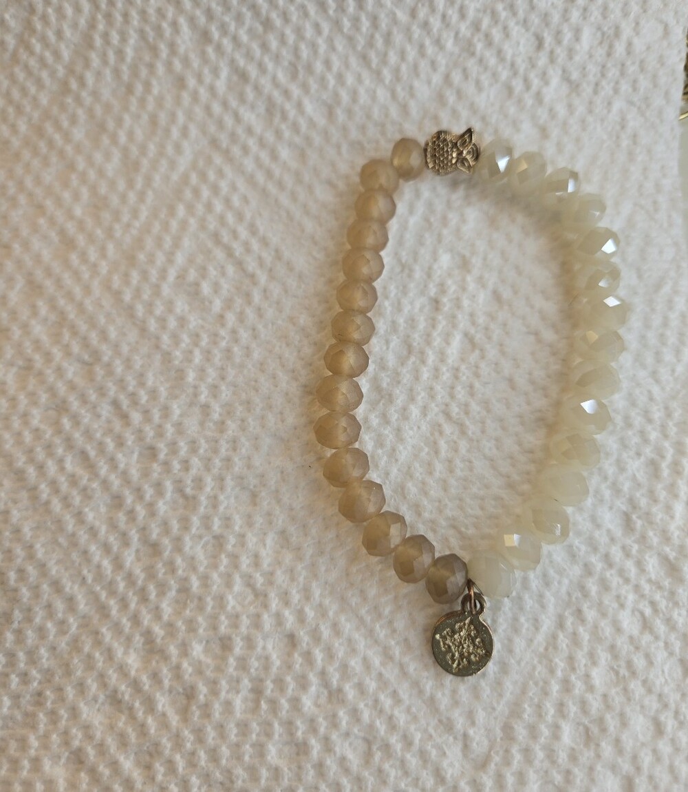 Neutral Faceted Bead Stretch Bracelet with Charm